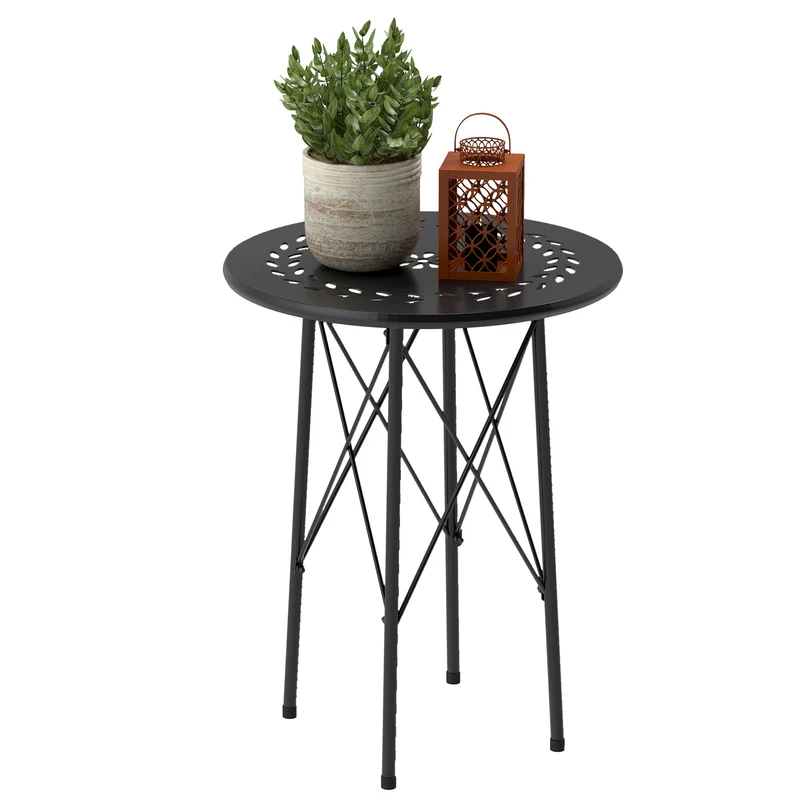 Tavolino da Giardino con Intagli a Fiori e Foglie Ø40x50 cm in Acciaio Nero