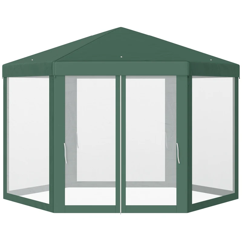 Gazebo Esagonale 3,9x2,5 m con Zanzariere in Ferro e Poliestere Verde