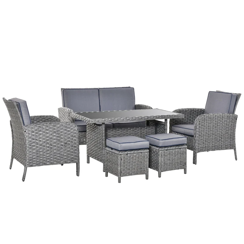 Set da Giardino Divano 2 Poltrone 2 Sgabelli e Tavolo in Rattan Grigio
