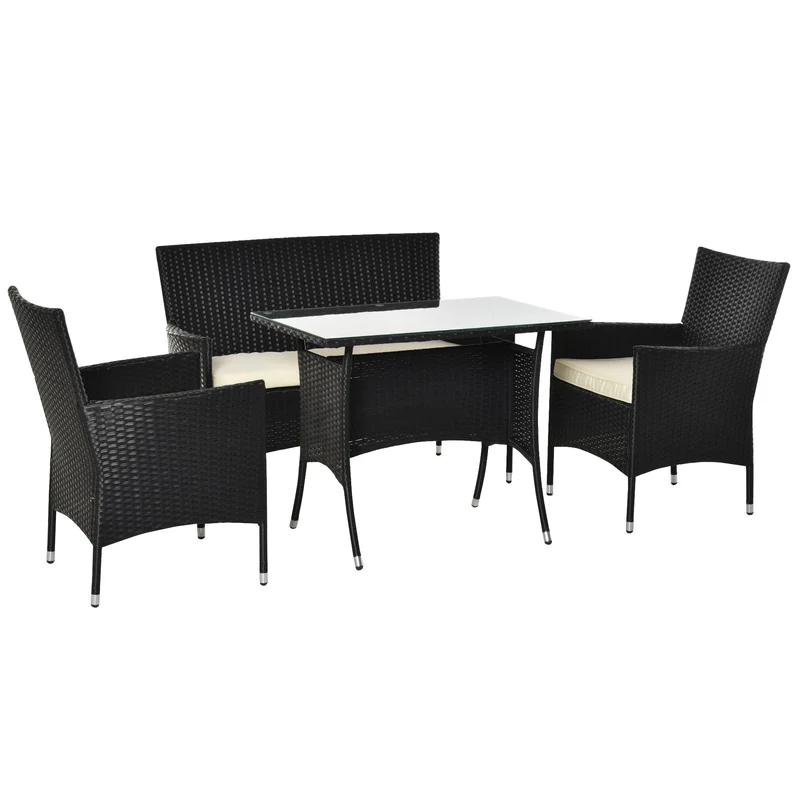 Set da Giardino Divano 2 Poltrone e Tavolo in Rattan Nero