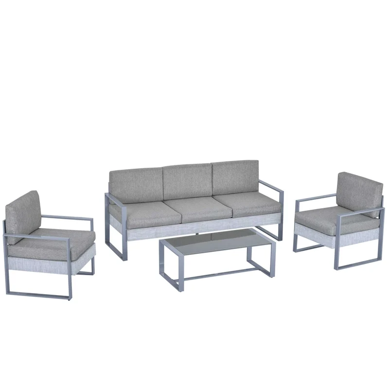 Set da Giardino Divano 2 Poltrone e Tavolino in Alluminio Grigio
