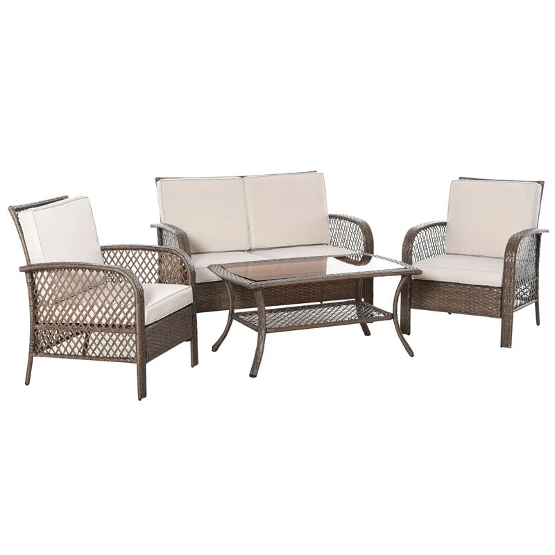 Set Salotto da Giardino Divano 2 Poltrone e Tavolino in Rattan Marrone