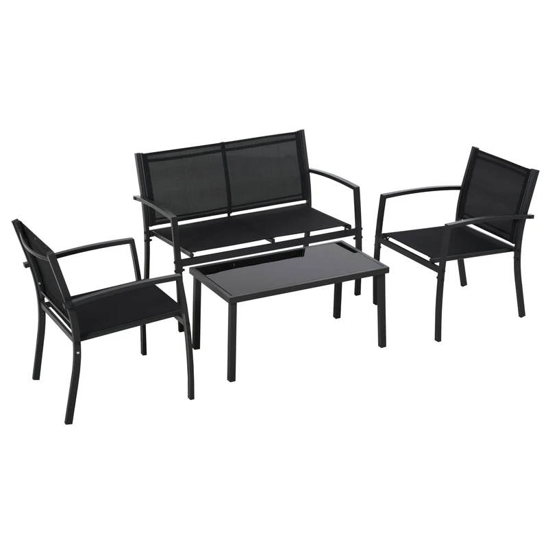 Set Salotto da Giardino Divano 2 Poltrone e Tavolino in Metallo e Tessuto Nero