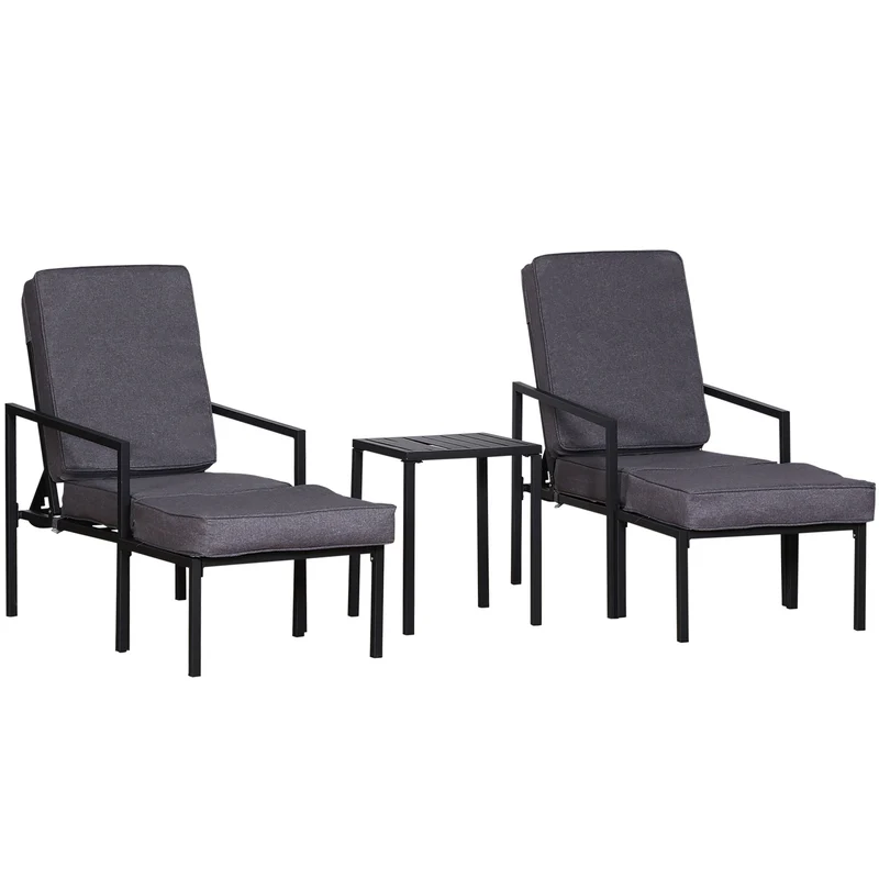 Set Salotto da Giardino in Metallo e Poliestere 2 Sedie 2 Pouf e Tavolino Grigio e Nero