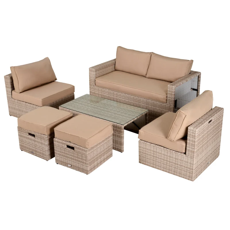 Set Salotto da Giardino in Polyrattan Divano 2 Poltrone Kore Cachi e Beige