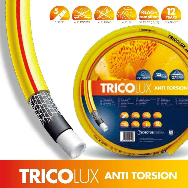 Tubo Pompa dell'Acqua da Giardino 15 Metri 1/2" 5 Strati Trico Lux Giallo
