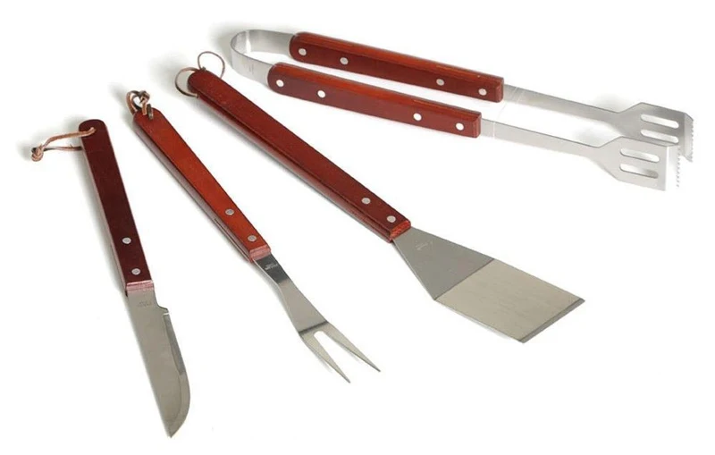 Set 4 Utensili per Barbecue in Acciaio e Legno