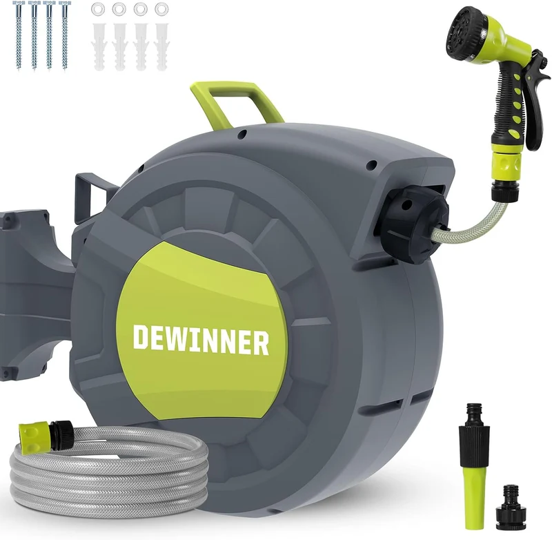 DEWINNER Garden Hose Reel 25+2M, Automatic Wall Mounted Hose Reel with Spray Nozzle, 180° Swivel, Garden Hose with Reel, 7 Functions for Watering Lawn Garden
