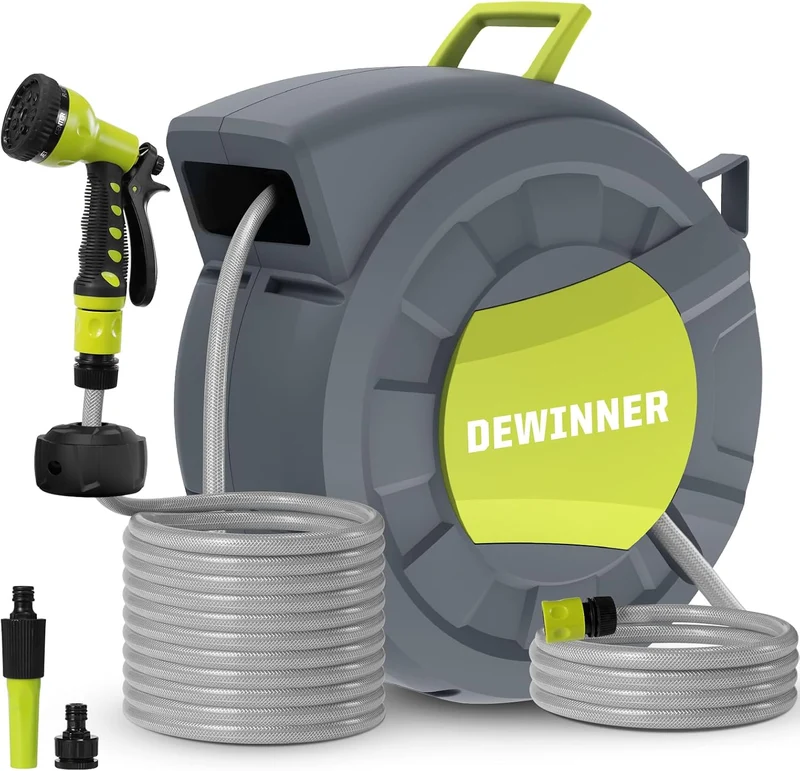 DEWINNER 30M Automatic Garden Hose Reel with Spray Nozzle, 180° Swivel, Garden Hose with Reel, 7 Functions for Watering Lawn Garden