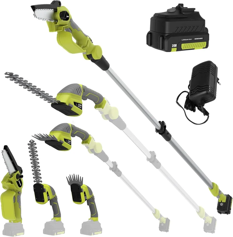 DEWINNER 3 in 1 Telescopic Hedge Trimmer - Electric Chainsaw with Safety Switch, Range up to 2.53 m, Blades 240 mm and 120 mm, Head Adjustable 135°
