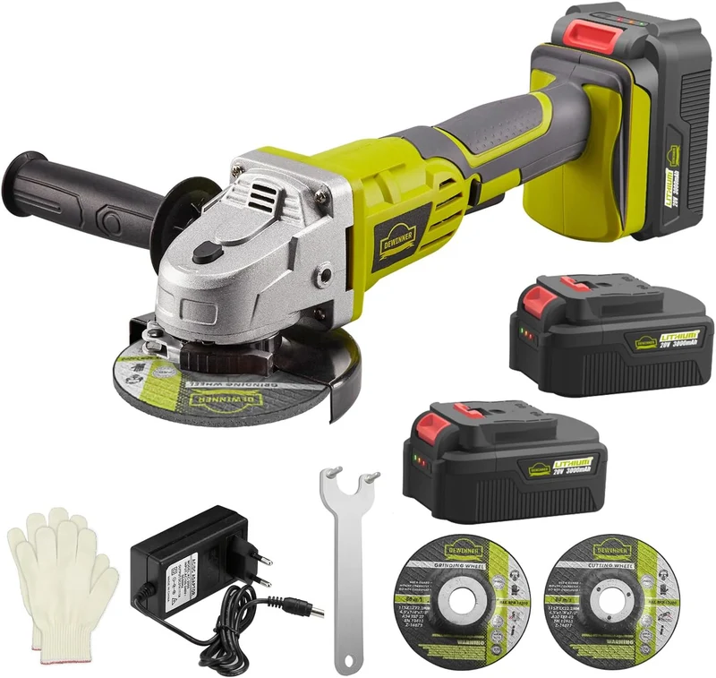 DEWINNER Cordless Angle Grinder, 115mm, 2*3Ah Battery, Auxiliary Handle, Quick Clamping, Quick Charger, 2 Grinding Discs for Grinding, Cutting and Polishing