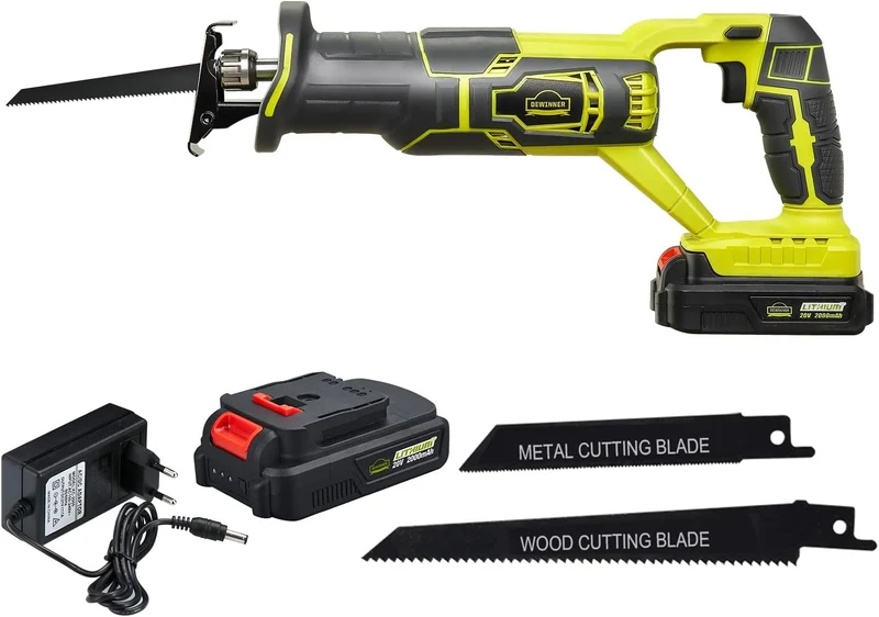 DEWINNER Cordless Sabre Saw, 20V 2.0Ah Compact Saw with Li-Ion Battery and Charger, 2 Saw Blades, Variable Speed, Tool-free Blade Change