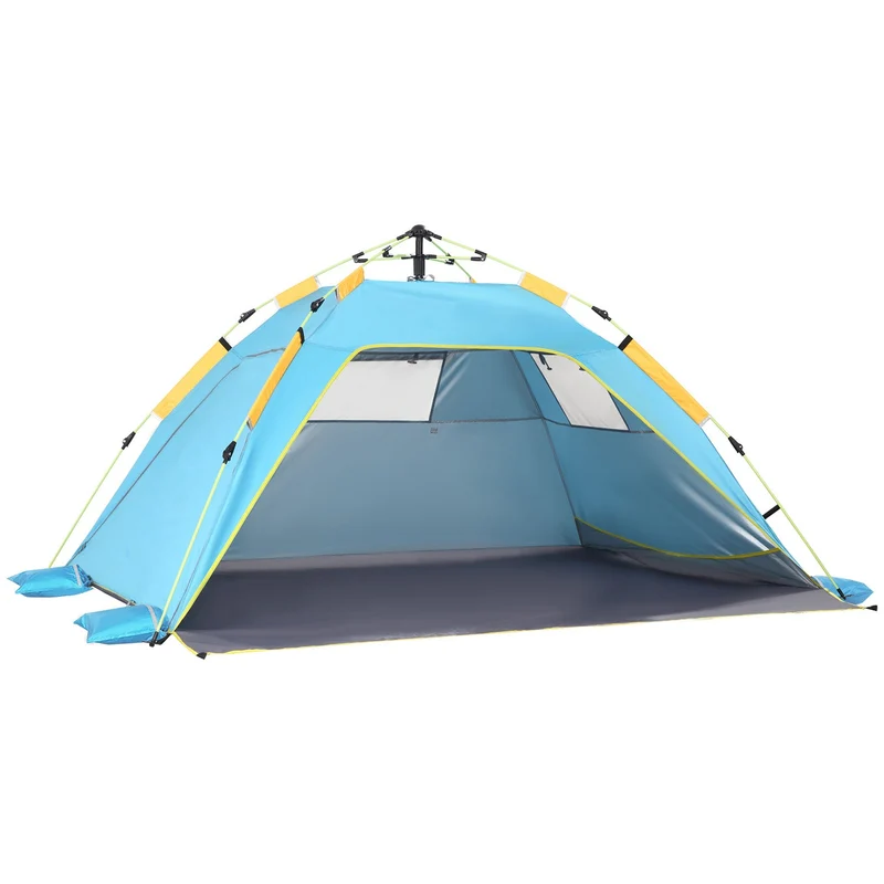 Tenda da Spiaggia Pop Up 220x173x120 cm con Porta a Cerniera in Poliestere e Fibra di Vetro Blu Chiaro e Giallo
