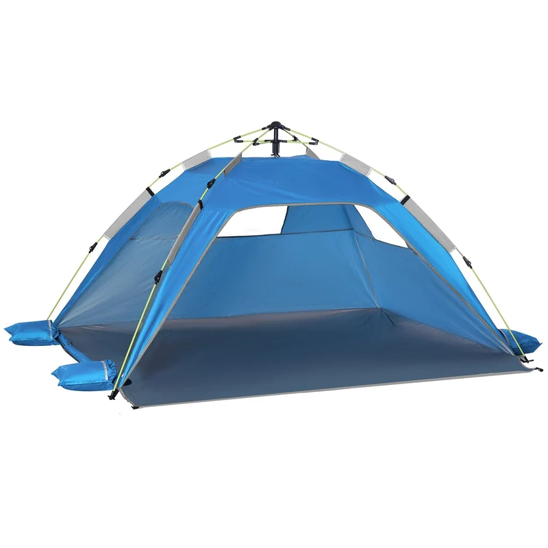 Tenda da Spiaggia Pop Up 220x173x120 cm con Porta a Cerniera in Poliestere e Fibra di Vetro Blu Cielo e Grigio
