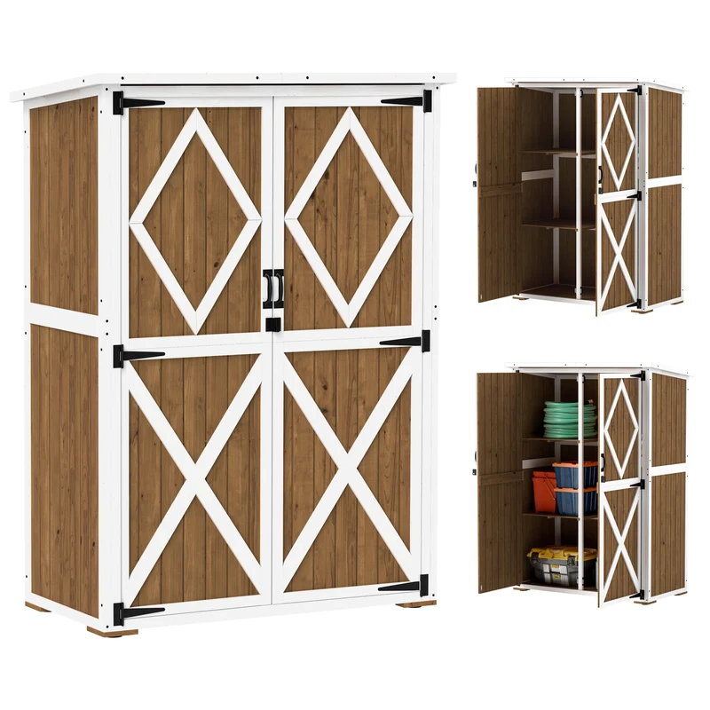 Armadio da Giardino 116,5x57x159-167 cm Tetto in Bitume in Legno di Abete Marrone e Bianco