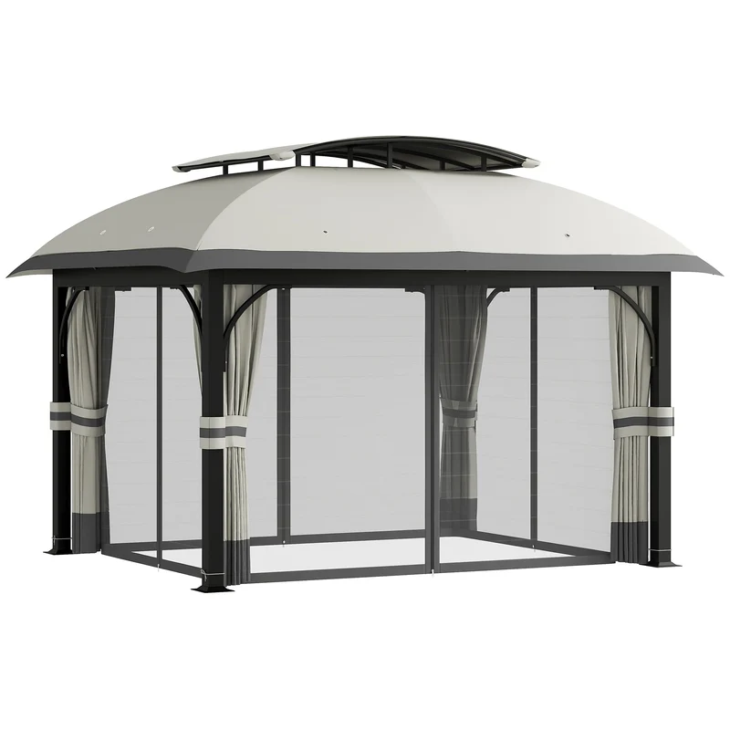 Gazebo da Giardino 395x330x294 cm con Zanzariere e Doppio Tetto in Metallo e Poliestere Grigio Chiaro